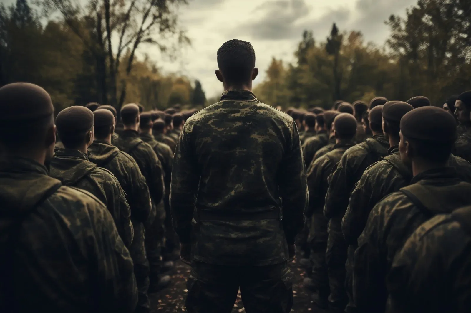 Soldiers in formation during a military training exercise at dawn